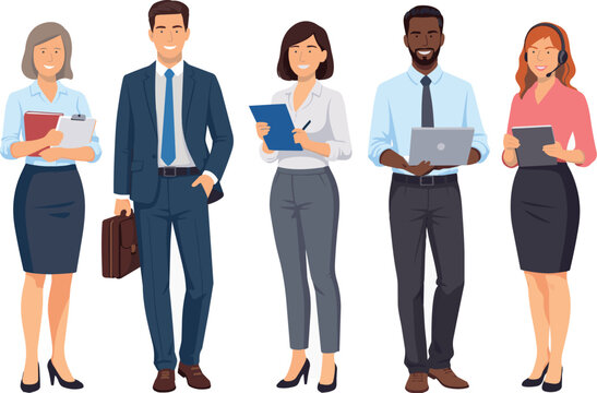 Illustration vectorielle repr&eacute;sentant des hommes et des femmes d'affaires, des employ&eacute;s de bureau. Une &eacute;quipe souriante au travail