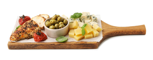 Delicious roasted chicken breast, different types of cheese and other snacks isolated on white