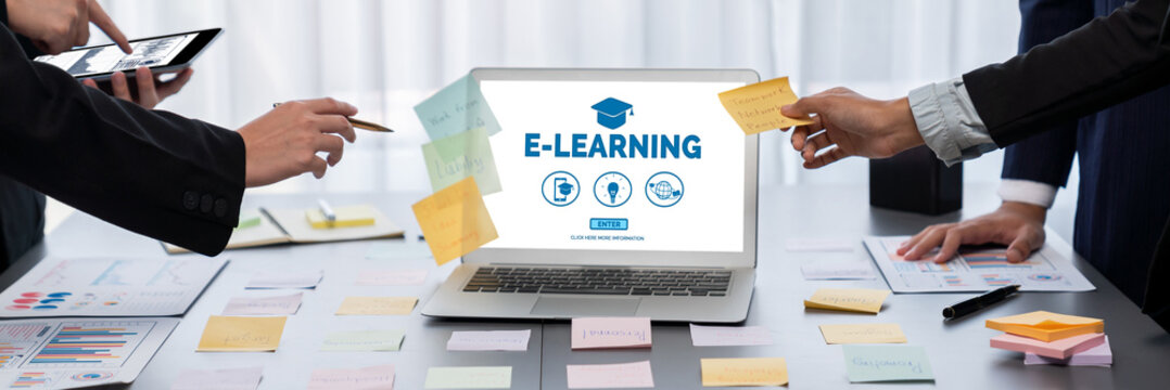 Analyst team use sticky note for creative and analytic brainstorm for business idea with BI data dashboard on laptop screen. Analysis financial data visualization tech for marketing strategy. Prodigy - Powered by Adobe