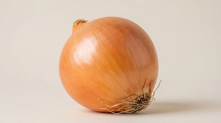 Whole yellow onion with roots and skin, isolated on a neutral background with soft lighting