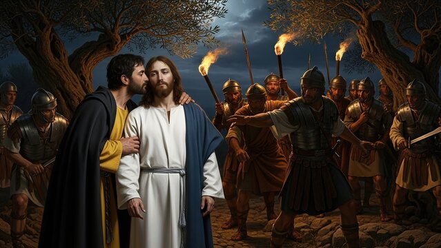 Religious betrayal, Jesus Christ receives a kiss from Judas, a mob with torches approaches, nighttime garden setting, depiction of deep faith, spiritual conflict, historical narrative, profound moment