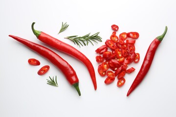 Fresh red chili peppers and rosemary on white background, flat lay