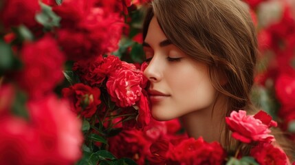 Naklejka premium Young caucasian female enjoying red roses in lush garden.