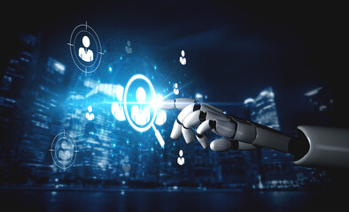 Obraz premium An AI assistant powers a global talent acquisition platform. This smart human resources system automates the search for qualified candidates to build a corporate workforce. Fermion