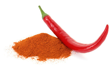 Pile of red chili powder and whole fresh pepper isolated on white