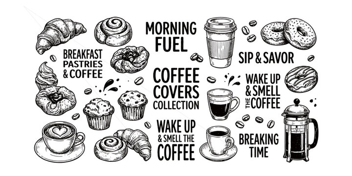 Hand drawn vector set of coffee and bakery items including croissant donut muffin espresso and french press with handwritten typography quotes in vintage sketch style