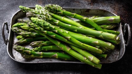 Fototapeta premium Fresh green asparagus spears on metal tray.