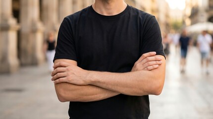Man with crossed arms wearing a plain black t-shirt standing outdoors in a blurred urban background