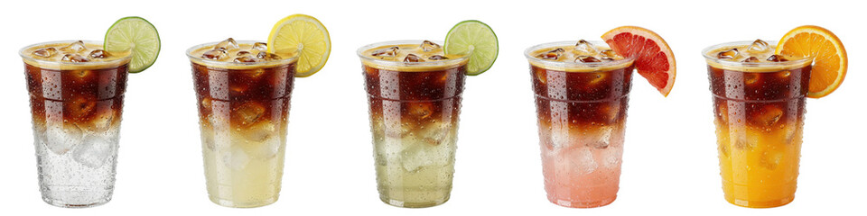iced citrus americano coffee collection with tonic water, lemon, lime, grapefruit, orange and yuzu variations