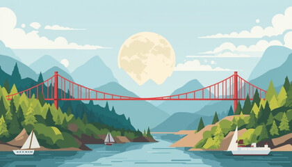 Fototapeta premium A serene vector illustration of a red suspension bridge spanning a tranquil body of water with sailboats and surrounded by lush green mountains and trees under a full moon.