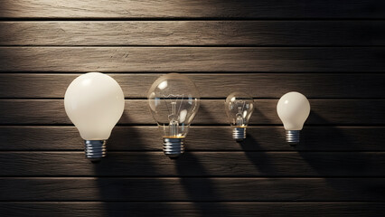 Elevate your brand with a powerful visual: Four light bulbs in various sizes on a wood background, conveying growth, innovation, and creativity now.