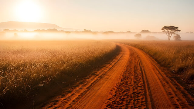 Experience the tranquility of a golden African sunrise, where the misty horizon meets a winding dirt road through the savannah, offering serene beauty.