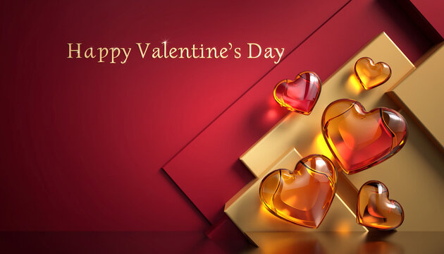 Piękne czerwono bursztynowe serca na stylowym czerwonym tle z  życzeniami walentynkowymi