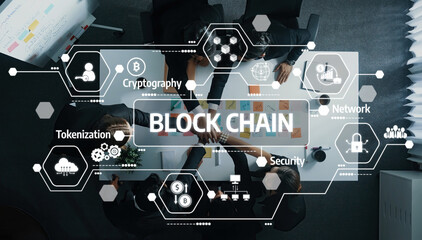 Explore a dynamic business environment where blockchain technology concepts are visualized. This image illustrates collaboration with a modern design of digital graphics. Amity