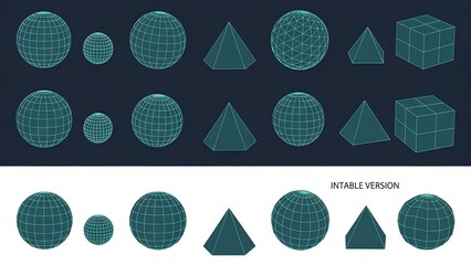 Geometric shapes and wireframe models spheres, pyramids, and cubes in a minimalist, dark blue aesthetic