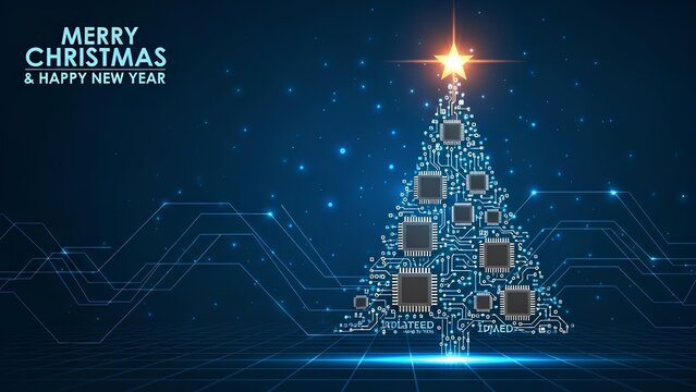 Digital Christmas Tree of Circuit Board Elements Illuminating a Festive Future with Technological Innovation and Holiday Spirit - Powered by Adobe