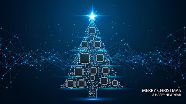 Merry Christmas and Happy New Year electronic circuit board Christmas tree with star on top and connecting dots, festive digital celebration illustration - Powered by Adobe