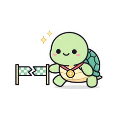 Cute cartoon turtle wins race with medal and checkered flag.