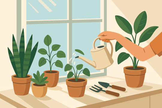 Shadows can houseplant illustration care various table pots vector floor houseplants person