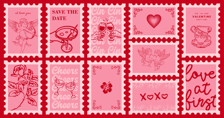 Valentine&rsquo;s Day Hand-Drawn Doodle Stamp Set with Romantic Love Icons, Food, Wine, Desserts and Celebration Elements in Red and Pink - Vector Illustration Set