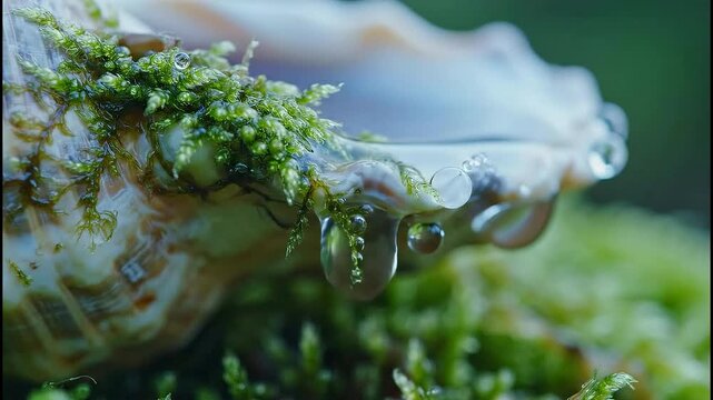 Close up macro shot of a seashell covered in green moss with water droplets falling from its edge on a dark green blurred forest background