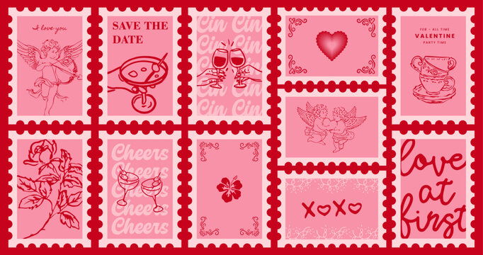 Valentine's Day Postage Stamp Collection with Cupid, Hearts, Teddy Bear, Romantic Lettering and Love-Themed Vintage Vector Set