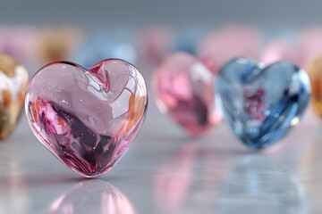 Beautiful pink crystal hearts on white surface with soft reflections