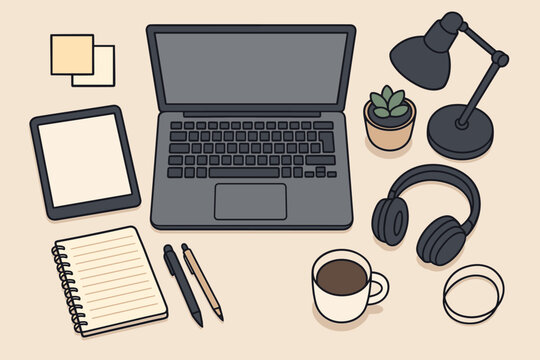 Lamp essentials pens efficiently vector laptop minimalist notebook small plant workspace office
