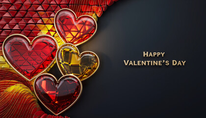 Piękne czerwono bursztynowe serca na stylowym czerwonym tle z  życzeniami walentynkowymi