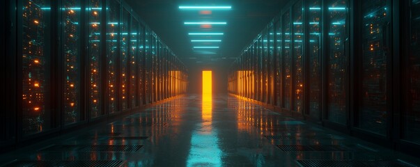 Dark, futuristic data center hallway with rows of glowing server racks, illuminated by contrasting orange and cyan neon lights, concept for data management, network infrastructure and IT support