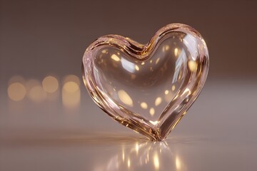 Glowing glass hearts on reflective surface with warm bokeh lights background