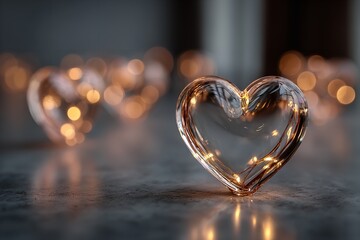 Glowing glass hearts on reflective surface with warm bokeh lights background