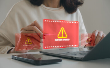 Cyber security breach concept. Woman using laptop and smartphone showing system hacked warning, digital data protection alert, online privacy risk, hacking attack, information security threat, Hacker.