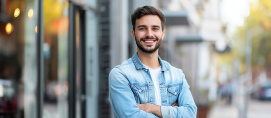 Confident City Dweller: A friendly, cheerful man stands confidently with arms crossed, smiling broadly against the urban backdrop, exuding positivity and approachability.