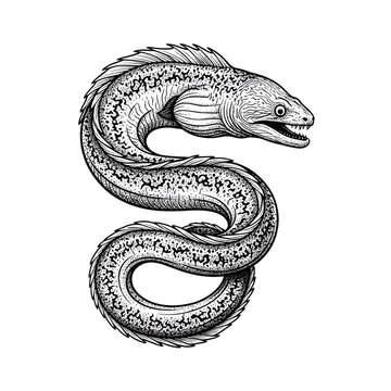 vintage woodcut style moray eel illustration - detailed hand drawn sea snake or marine predator engraving vector for seafood menu, ocean life education, and nautical nature design 