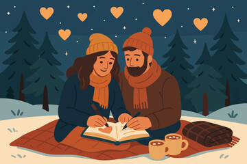 Nearby warm illustration couple writing night vector love outdoor trees winter sky