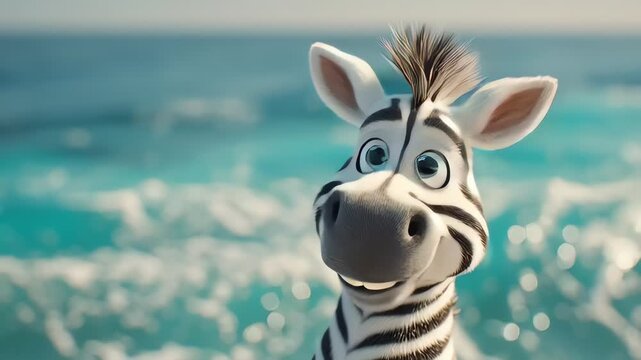 Adorable zebra cartoon smiling happily by the bright blue ocean