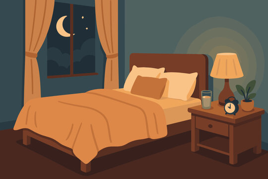 Bedroom sleep vector moonlight through sanctuary made cozy glass illustration pillows water