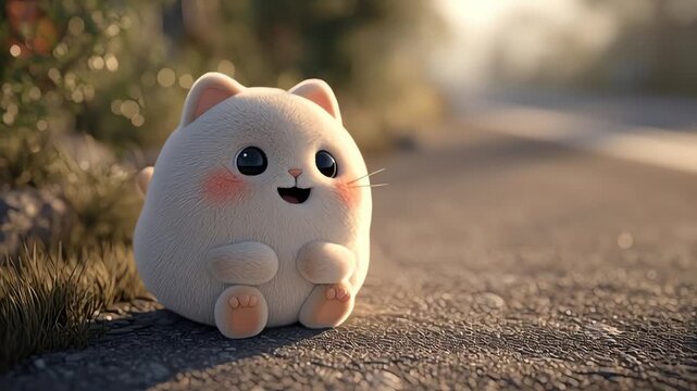 Adorable Fluffy White Cat Cartoon Character Outdoors
