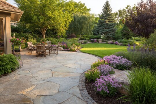 Completed flagstone patio surrounded by lush plant borders and colorful blooms