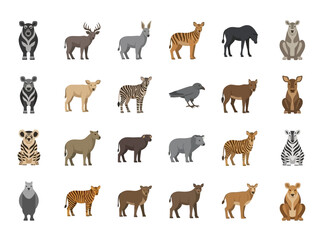Flat design wild animals vector illustration set featuring diverse mammals and a bird.