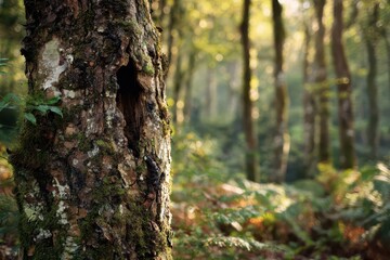 Obraz premium Close-up of a hollow in a mossy tree trunk in a tranquil forest