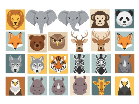 Flat design animal head illustrations Diverse collection of wild animals: lion elephant panda fox bear deer tiger zebra rhino eagle hippo wolf monkey owl giraffe.
