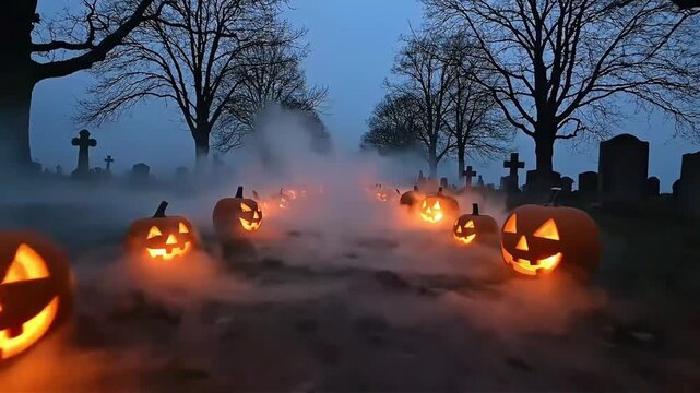 Eerie Halloween scene with a pathway of glowing jack-o -lanterns illuminating a misty graveyard at twilight creating a spooky and atmospheric autumnal celebration