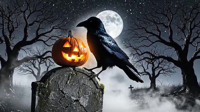 Eerie Halloween scene featuring a black raven perched atop a jack-o -lantern on an old tombstone under a full moon in a spooky graveyard setting