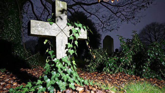 Eerie illuminated cross in a dark and overgrown graveyard at night evoking mystery remembrance and a sense of gothic atmosphere for Halloween or memorial themes