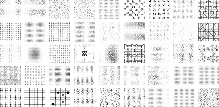 Versatile compilation of black and white abstract geometric and organic seamless patterns for digital and print design projects, offering diverse visual textures