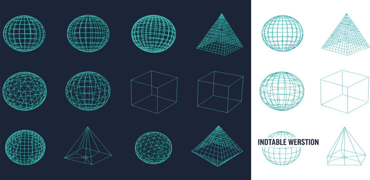 Wireframe 3D Geometric Shapes A Set of Abstract Digital Renderings of Spheres, Cubes, and Pyramids