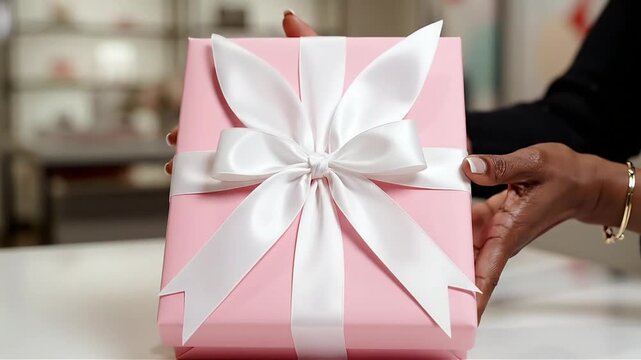 Elegant pink gift box wrapped in white satin ribbon held by a woman s hand perfect for holiday promotions luxury branding and special occasion marketing visuals