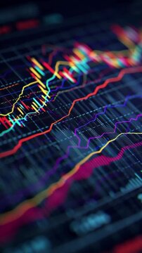 Falling stock prices in vertical format, illustrating equity losses and unsuccessful investment performance during economic crisis with animated financial charts and fluctuating market data.